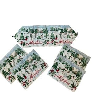 Christmas Tapestry Placemats(4) & Table Runner Winter Scene Snowman Holiday